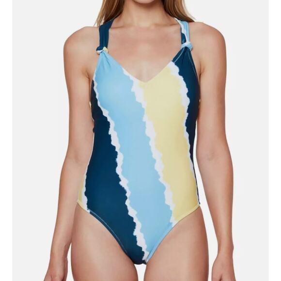 Jessica Simpson Smooth Sailing V-Neck One-Piece Swimsuit Blue Yellow Medium NWT - Picture 1 of 5